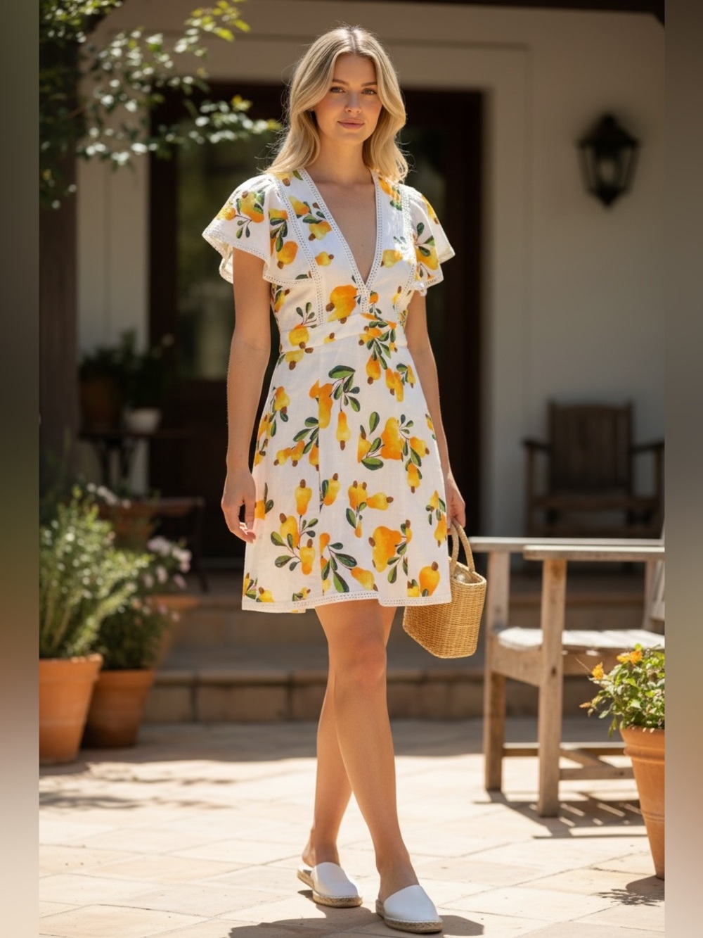 FARM RIO White Mini Dress with Yellow Cashew Motif